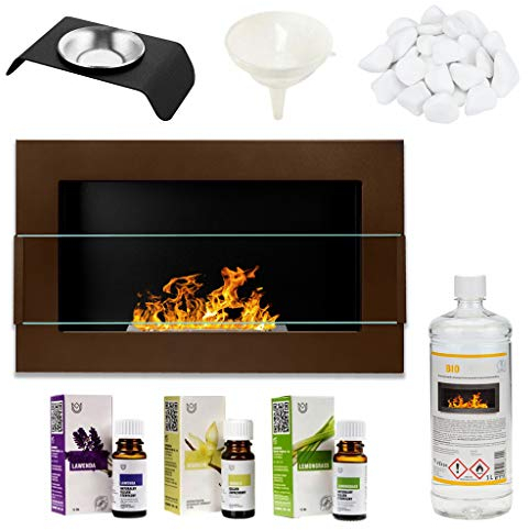 GMT - Camino ecologico senza fumo con vetro protettivo, 65 x 40 cm, decorazione per interni a parete o da incasso, facile da montare con combustibile liquido bio e pietre e oli aromatici