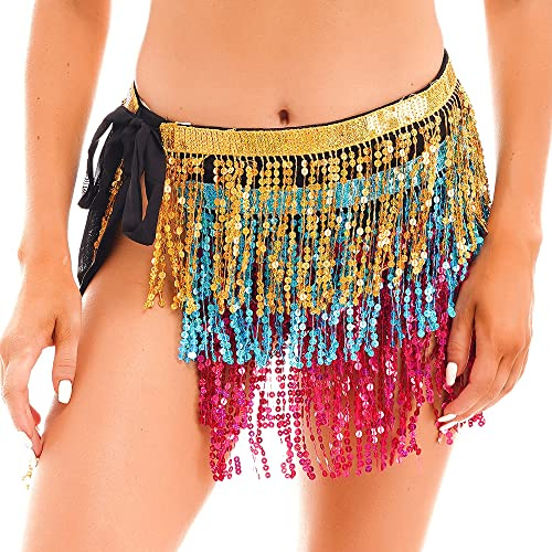 Leemiman Women Sequin Tassel Skirt Glitter Sparkly Fringe Belly Dance Hip Scarf Skirts Festival Dance Performance Metallic Rave Party Belts Costume (Multicolor)