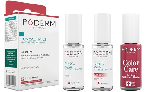 PODERM - 3 PRODOTTI - MICOSI DELLE UNGHIE TRATTAMENTO 3 in 1 | Smalto colorato Rosso lampone TEA TREE | BIO | Trattamento professionale mani/piedi | Facile e rapido | Swiss Made
