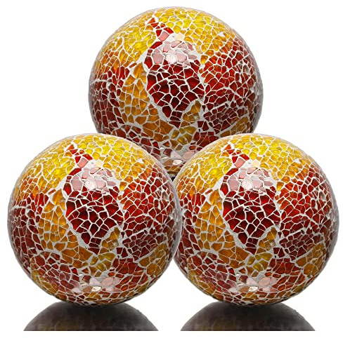 vskikris 3pcs 4in Orange Mosaic Glass Sphere Balls for Decorative Bowls, Vases, Tables | Home, Office, Event Decor | Polished Finish