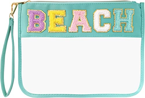 Chenille-Buchstabe, durchsichtig, Reißverschluss, flach, transparent, wasserdicht, Kosmetiktasche, Reise-Make-up-Tasche mit Reißverschluss, Kulturbeutel mit adrettem Aufnäher, für Damen und Kinder,