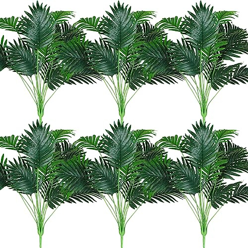 Tigeen 6 Pcs Artificial Palm Leaves Tree 33 Inch Fake Tropical Plant with Stems Large Faux Palm Leaf Bush Greenery for Hawaiian Luau, Jungle Safari, Pool Beach Party, Wedding, Garden, Indoor Outdoor