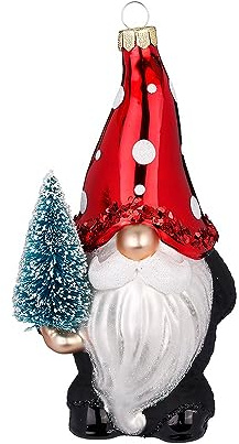 Christbaumschmuck Wichtel 13,5cm Glas Zwerg zum Aufhängen Rot Weiß Schwarz - Weihnachtsbaum Anhänger - Weihnachtswichtel mit Tannenbaum - Handbemalter Weihnachtsbaumschmuck