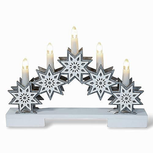 St Helens Home & Garden Xmas Haus Natural Festive Wood LED Light Up Christmas 5 Candle Bridge Arch Decoration With Stars Battery Operated