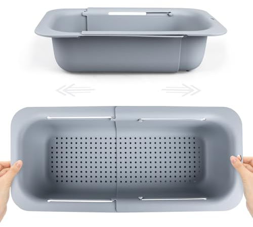 Komzon Colador extensible sobre el fregadero, cesta de cocina retráctil para lavar verduras y frutas, coladores de alimentos para drenar pasta y platos secos, coladores de plástico para fregadero,