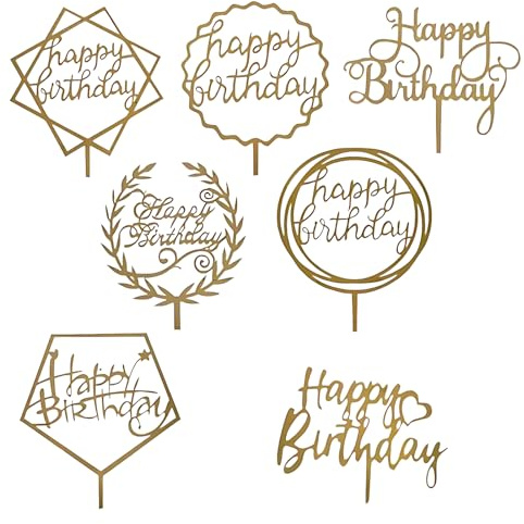 PT Haahoos 7 Pack Happy Birthday Cake Toppers, Acrylic Gold Cupcake Topper for Various Party Decoration for Girls Kids Boys Baby Birthday Mother Cake Supplies