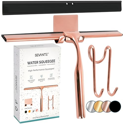 SEVANTE Limpiacristales de ducha de 24,5 cm – Metal Ventanas – Accesorios de baño – Extractor de ducha con soporte – Flota para ducha, vidrio y espejo – Extractor de cabina de ducha – Oro rosa