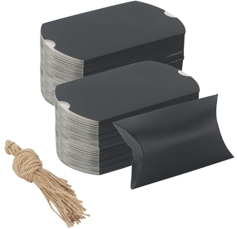 ZEONHAK 100 PCS Black Pillow Candy Box, 13 x 8.8cm Pillow Box with Jute Twines, Small Pillow Gift Boxes for Anniversary, Birthday