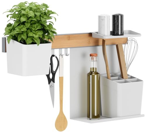 tesa Küchen-Organizer Kombi-Set M - selbstklebende Küchenleiste mit Kräutertopf, 2 Ablagen, Küchenutensilienhalter, Hakenleiste inkl. 3 Haken - Montage ohne Bohren - Bambus/Weiß