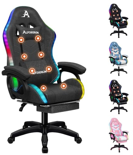 ALFORDSON RGB LED Gamer-Stuhl Massage Gamer Stühle Racing PC-Gaming-Sessel Bürostuhl ergonomisch Schreibtischstuhl Fußstützen, 180 kg belastbar, 90-150° Neigungswinkel, Stoff, Grau