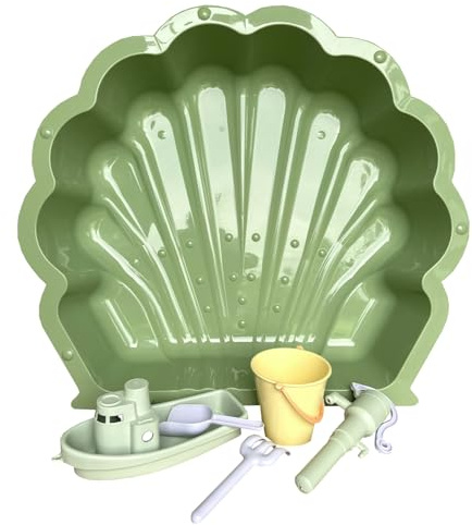Sand- oder Wassermuschel (pastellgrün incl. Sandspielzeug 6-teilig) mit Wasserpumpe, Boot, Sandeimer, Rechen und Schaufel