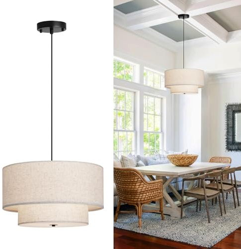 HILUXIA 18 Modern Double Drum Fabric Pendant Light, Large Hanging Ceiling Chandelier Fixture with Dual Layer Fabric Shade, Ideal for Dining Room, Living Room, Bedroom, and Kitchen