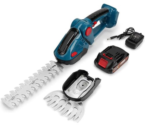 Heckenschere, kabellos, 18 V, 20 cm, Schnittlänge, 19 mm Abstand der Zähne, elektrische Heckenschere, Rasentrimmer, drehbarer Griff, mit Akku und Ladegerät, Rasentrimmer