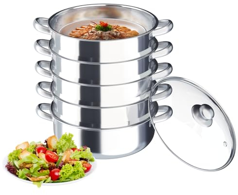 5-stöckiger Edelstahl-Dampfgarer, große Kapazität, Dampfgarer Kochen mit Griff und Topfdeckel, Dampfgarer für Gas, Elektro, Induktion usw