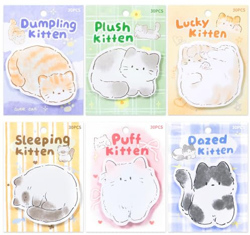 JSRQT Niedliche Katze Haftnotizen, 6Pack Cartoon Selbstklebende Notizblöcke Sticky Notes Kinder, Katzenform Kleine Haftnotizen Post Memo Pads für Schüler Lehrer Schule Büro Plan Heimpläne Schulsachen