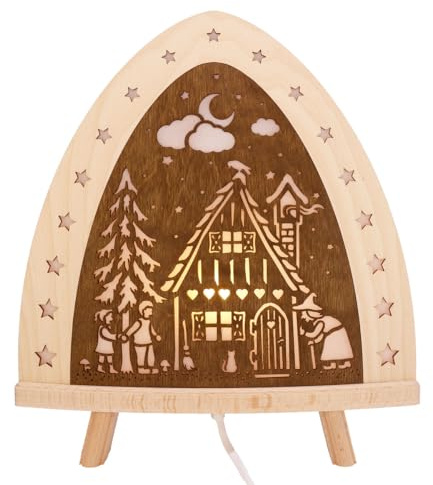 weigla - Dekoleuchte original Erzgebirge I Motiv Hänsel & Gretel I 1 LED Lampe I 0,8 W, E14 I Märchenhafte Leuchte für Innen I Weihnachtsbeleuchtung aus Holz I Fensterdeko