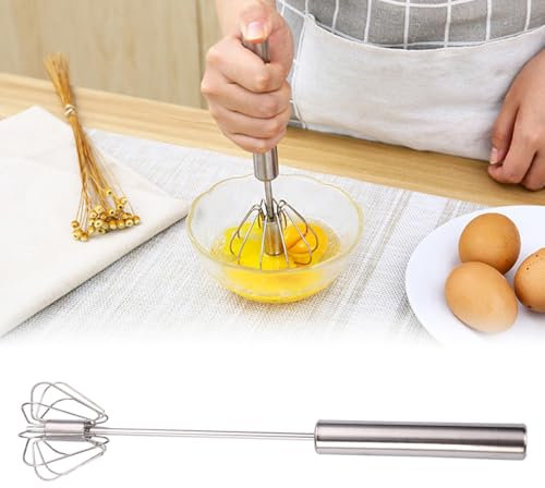 Stainless Steel Semi-Automatic Whisk, Schneebesen Edelstahl, Halbautomatischer Schneebesen aus Edelstahl, Drehbarer Push Mixer Rührer zum Schneebesen, Schlagen, Rühren (Silber, 14in)