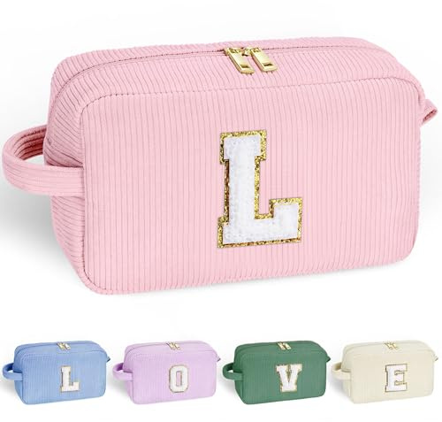 Parima Geschenke für Frauen - Personalisierte Kosmetiktasche Cord Schminktasche Damen Personalisierte Geschenke Geburtstagsgeschenk für Frauen Mädchen Freundin Rosa Kosmetiktasche mit Buchstaben L
