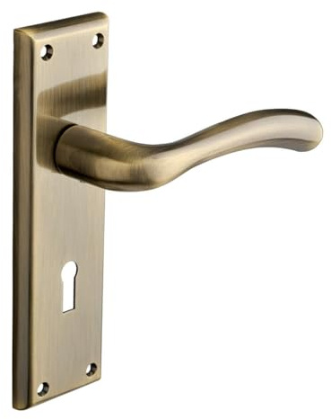 Designer Levers Minerva Lever Lock Door Handle, Antique Brass | Includes 1 pair, 8mm spindle and screws; 175mm. backplate length.