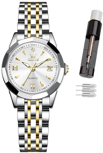 OLEVS Damklocka, handled diamant urtavla dam kvartsur, rostfritt stål mode nattlysande vattentät analog klocka för kvinnor, romantisk present till flickvän, 9998- Två toner vitt ansikte, Klassisk