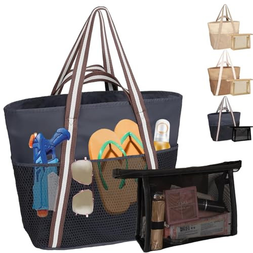 LUKIUP 2-teiliges Set Strandtasche Familie, XL Badetasche mit mini Badetasche, Beach Bag Einkaufstaschen für Reisen Einkaufen und Alltag (Schwarz)