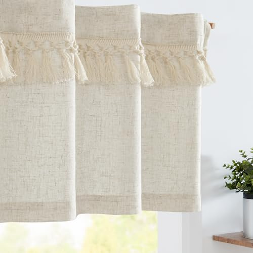 Vangao Scheibengardinen mit Quaste Bistrogardine 1er Set 127Bx46Hcm, Beige | Leinenoptik Gardinen Kurz Landhausstil mit Stangendurchzug, Kurzstores Lichtdurchlässig für Wohnzimmer Wohnwagen Fenster