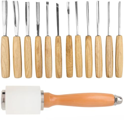 12-Piece Wood Carving Tool Set With Nylon Mallet, Steel Blades & Wooden Handles, Canvas Storage Roll For Woodworking And Leather Crafting