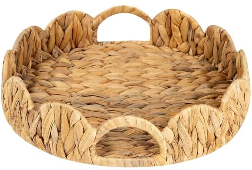 Licsaliwe Panier festonné, plateaux de panier tissé de jacinthe d'eau, plateau service rond 12 pouces avec poignée pour table à manger, vanité, chambre à coucher, cuisine
