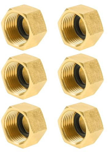 YEAUPE PRO Messing Blindstopfen, Innengewinde Dichtkappe G1/2 (Ø 19,5mm), mit dichtungsringe und PTFE Dichtband, messing Kappe sechseckig, Gartenwasserschlauch Gewindekappe 6 Stück Set