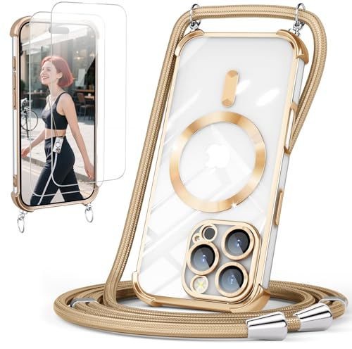GOODVISH Handykette für iPhone 16 Pro Max Hülle mit Band Magnetisch, Gold | mit 2 Stück Schutzfolie, mit Kamera Schutz, Necklace Handyhülle mit kette für 16 ProMax 6,9, Transparent 360° Schutz Case