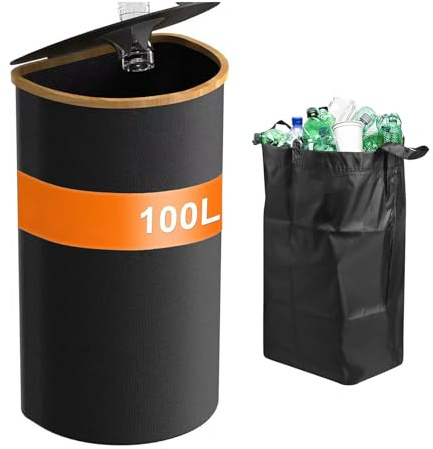 ZYHJZ 100L Recycling Glass Bin with Lid and Reusable Inner Bags, Deposit Bottle Collector Bins, Waste Trash Sorting Organizer for Kitchen, Indoor, Home,Black