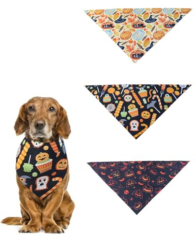 BNREOZA 3 Stück Lebendiges Halloween Halstuch für Hunde, Verstellbares dreieckiges Hundehalstuch mit Hexe Kürbismuster, Geeignet für Halloween Hundekostüme