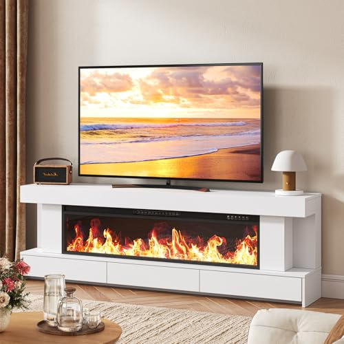 66.2 Fireplace TV Stand with 47 Electric Fireplace, Heated Entertainment Center with Fireplace & 3 Drawers, Modern Wood TV Console with 12 Electronic Flame Colors for Living Room, White