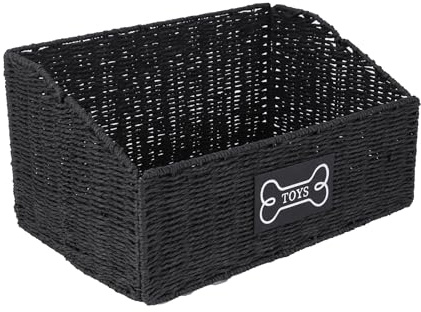 Geyecete dog toy basket, Living pet toy bin basket Wicker dog toy box Foldable Pet Toy Storage Organizer, Black Paper Rope & Steel Wire Basket