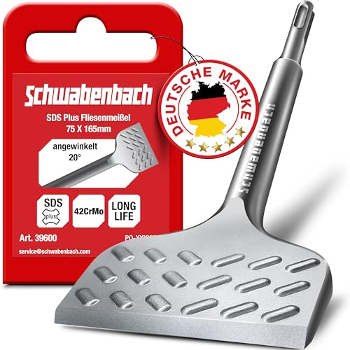 SCHWABENBACH® Fliesenmeißel SDS Plus 75 x 165 mm - Neue Design Abgewinkelt 20° - Ideal zum Abtragen von Verputz - Fliesen entfernen - Flachmeißel - Mauer schnell Abstemmen mit Bohrhammer