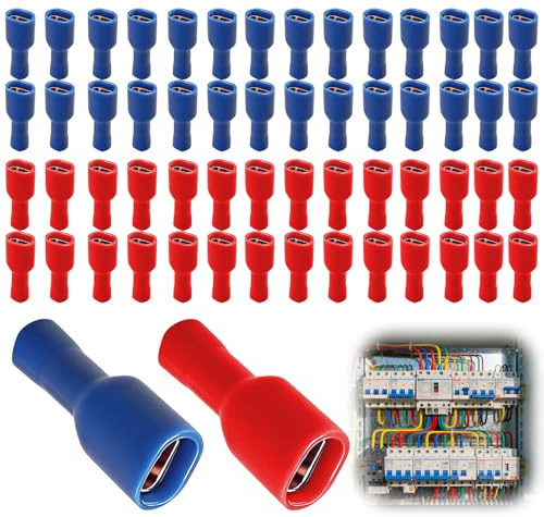 60 Stück Schnellkupplungsbuchse Vinyl Vollisoliert, Flachsteckhülsen 6.3 X 0.8Mm Kabelschuh Rot für 0,5-1,5 mm² (22-16 AWG) Blau für 1,5-2,5 mm² (16-14 AWG)