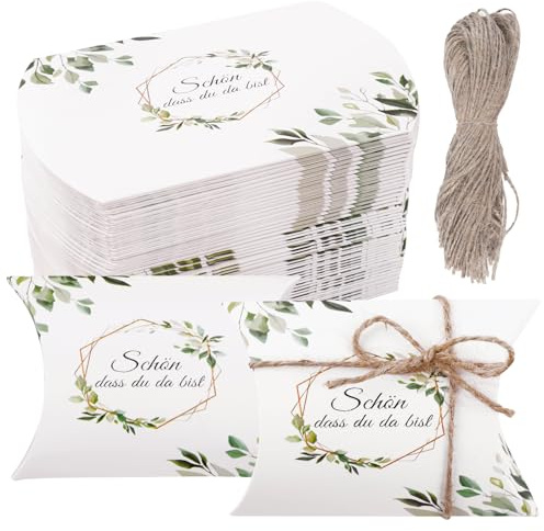 50 Stück Gastgeschenke Hochzeit Boxen, Gastgeschenke Kommunion Boxen, Schön Dass Du Da Bist Kissenschachteln Gastgeschenk mit Christlichen Motiven für Kommunion, Konfirmation, Taufe, Jugendweihe