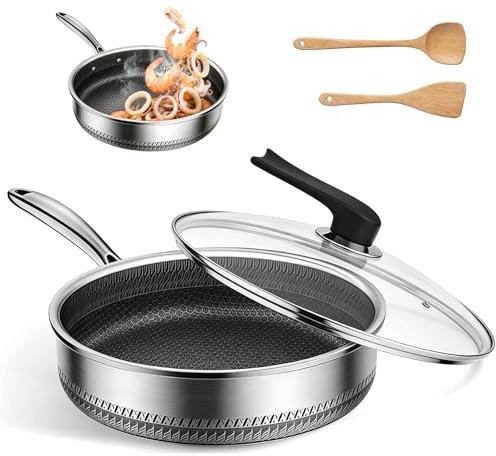 Djup stekpanna 26–28 cm med lock och träspatel, SUS316 rostfritt stål non-stick utan beläggning, diskmaskinssäker, värmebeständig upp till 260 °C, lämplig för induktion, gas och ugn (26 cm med lock)