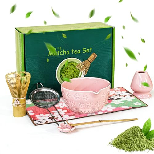 Jinfanshurich Matcha-set med 7 delar, premium matcha-teset med keramisk chawan-skål med pip, bambukvast och sil, traditionell matcha-tillbehör för ceremoni, latte och matcha älskare (rosa)