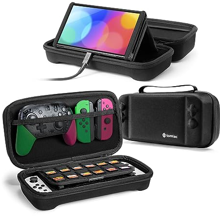 tomtoc Tasche Hülle für Nintendo Switch/Nintendo Switch OLED Modell, Protective Hard Case Tragetasche für Switch Konsole, 24 Spiele, Pro Controller, Netzteil und Zubehör, Schwarz