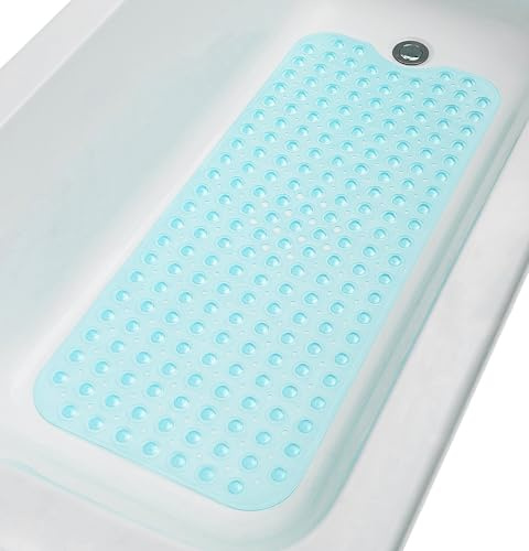 TIKE SMART Extra-Long Non-Slip Bathtub & Shower Mat 39”x16” (Smooth/Non-Textured Tubs Only) Safe, Clean, Machine-Washable, Superior Grip&Drainage, Vinyl, Transparent Aqua/Blue-Green