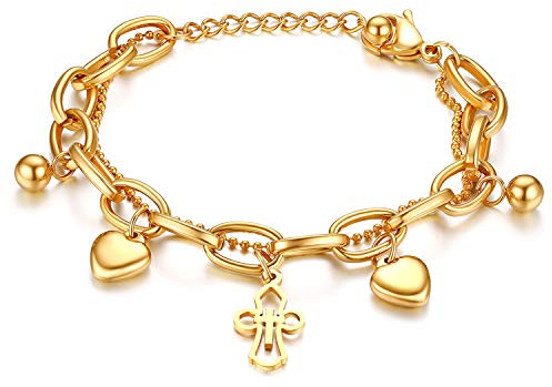 JewelryWe Schmuck Damen Armband mit Herz Kreuz Anhänger Layered Armkette Armreif Silber Gold Geschenk für Frauen Mädchen