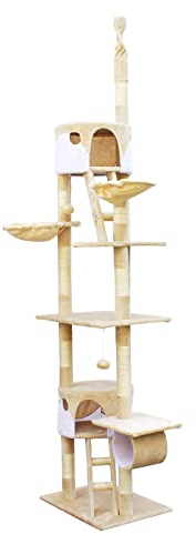 Wiltec Arbre à Chat XXL - 240-260 cm de Hauteur Plafond réglable - Design avec Échelles - Meuble grattage félin Peluche - Couleur Beige-Blanc - Griffoir Grattoir avec Maisonnettes, sisal et niches