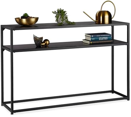 Relaxdays Konsolentisch, 2 Ablagen, aus Metall & MDF, platzsparend, schmaler Beistelltisch, 70 x 110 x 30 cm, schwarz