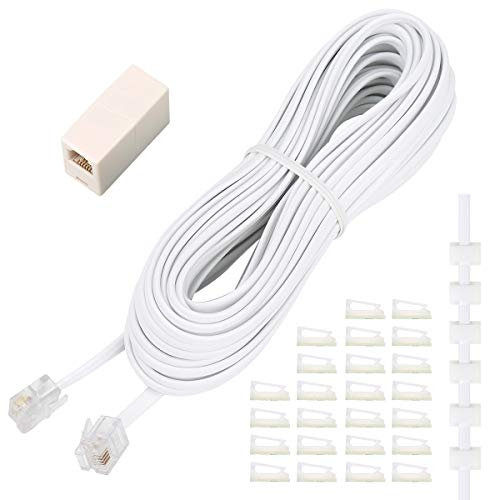 Uvital Phone Extension Cord 33 Ft, 10M Telephone Cable with Standard RJ11 Plug and 1 in-Line Couplers and 20 Cable Clip Holders, White