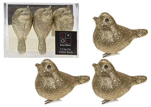 Snow White 9 x Weihnachtsbaumschmuck mit goldfarbenem Glitzer-Vogel, Vintage-Stil
