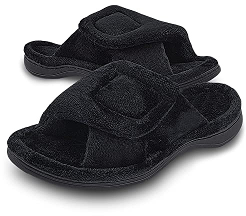 Git-up Ladies Memory Foam Slippers with Arch Support, Adjustable Hook and Loop Women's Diabetic Open Toe Soft Bedroom House Slippers for Indoor Outdoor Shoes BLK UK7.5/8.5