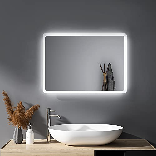 HY-RWML Spiegel mit Beleuchtung 40x60cm Wandspiegel Badspiegel WandSchalter Badezimmerspiegel Rechteckiger LED Kaltweiß 6500K IP67 energiesparend horizontaler und vertikaler Einbau A++