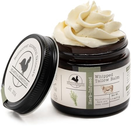Hearth and Homestead: Handmade Whipped Beef Tallow Skin Care (Unscented/Herb-Infused) - Organic Body Butter with Infused Olive Oil, for Eczema, Rosacea, Baby - 37 g