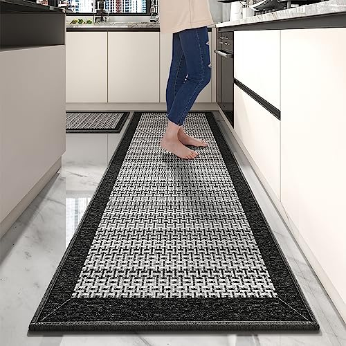 PADOOR Non Slip Kitchen Rugs Sets of 2 - Extra Large 2.5'x6' + 20x32 Runner Rugs for Kitchen Floor Non Skid Washable, Absorbent Kitchen Mat for in Front of Sink 2 Piece Black